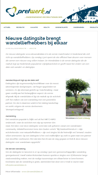 Nieuwe datuingsite brengt wandelliefhebbers bij elkaar, DeWandeldate in Pretwerk, 20 mei 2015