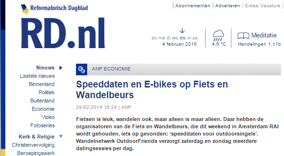 Speeddaten en E-Bkes op de Fiets en Wandelbeurs, DeWandeldate in Reformatorisch Dagblad, 28 februari 2014