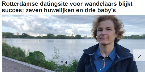 Rotterdamse datingsite voor wandelaars succes: zeven huwelijken en drie baby's, RTV Rijnmond, 10 mei 2019. 