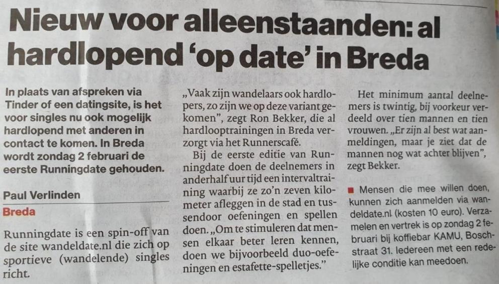 Nieuw voor alleenstaanden: al hardlopend 'op date' in Breda, BN De Stem, 22 jan 2020
