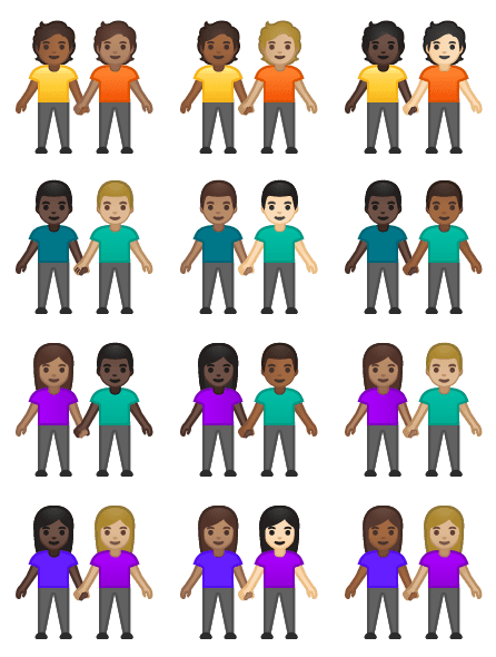 In 2019 zijn er 55 soorten hand-in-hand wandeldate emoji's beschikbaar