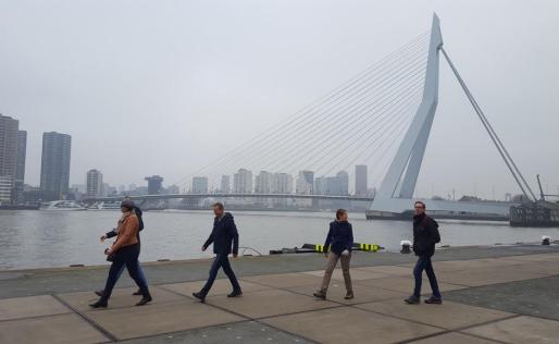 Stadswandeling door Rotterdam met Routeapp Rotterdam Routes, op de Wilhelminapier, uitzicht op de Erasmusbrug.